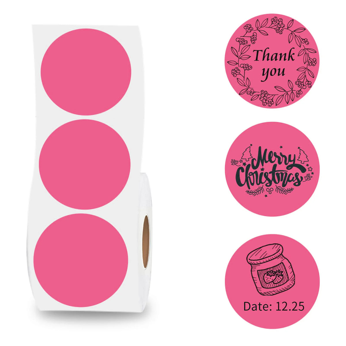 Rouleau d'étiquettes thermiques roses rondes avec des motifs de remerciement et de joyeux Noël