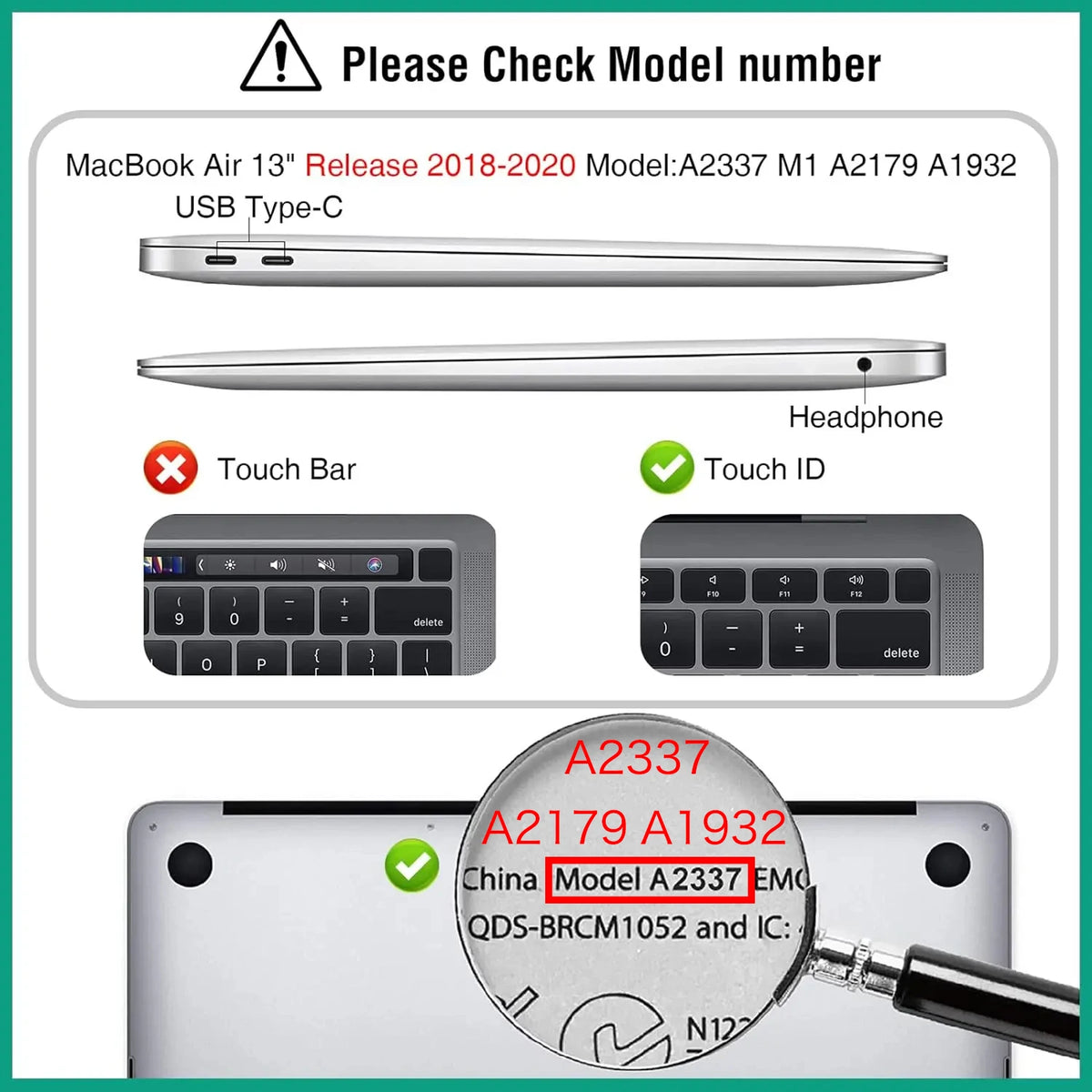 A close-up of a MacBook Air 13 inch model number A2337 is shown with a magnifying glass.