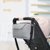A gray hanging bag organizer for a baby stroller is shown in a light indoor setting.