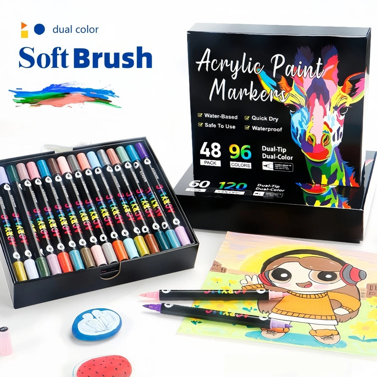 48 Doppelspitz-Acrylstifte mit weichen Pinselspitzen in einer schwarzen Box neben einer bunten Zeichnung