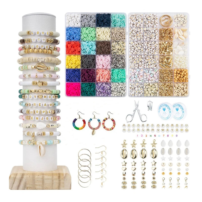 A collection of rainbow polymer clay beads and letters for DIY jewelry making, displayed in various colors and shapes.