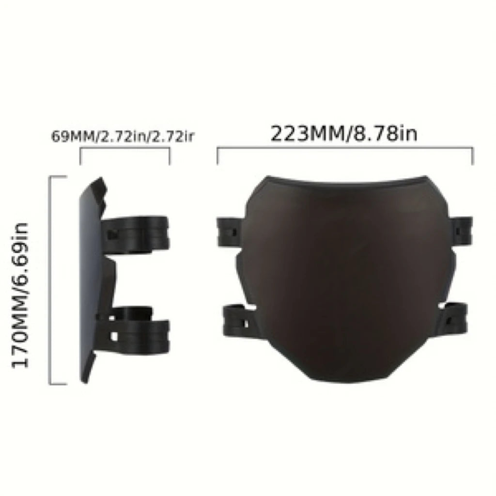 Cubierta universal negra para deflector de viento para motocicletas todoterreno con dimensiones.