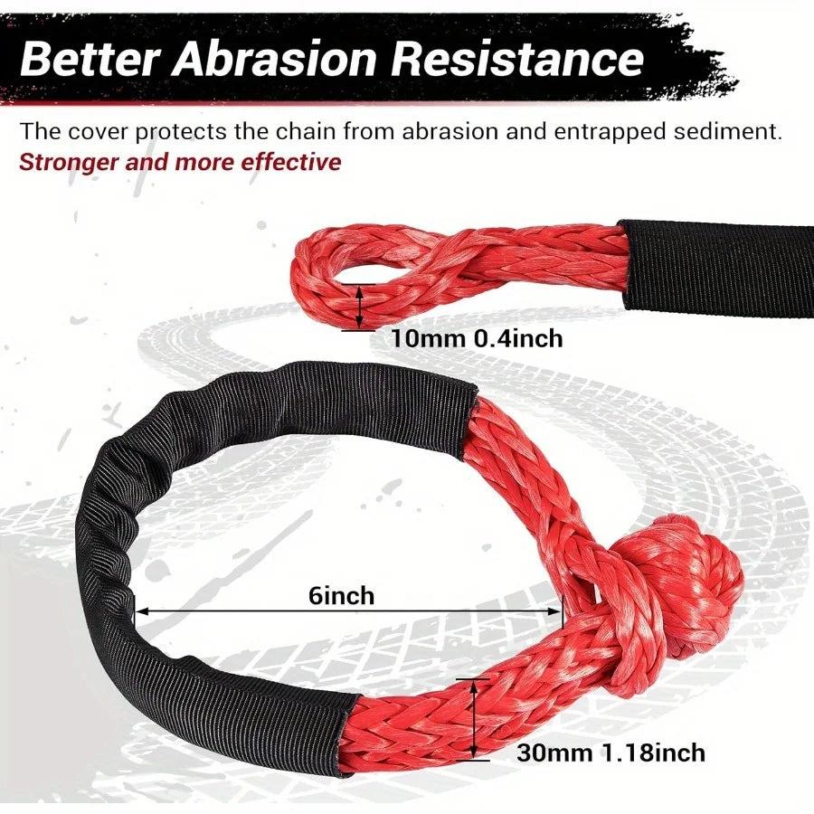 Red synthetic winch rope soft shackle and recovery ring kit showing a coiled rope with measurements.