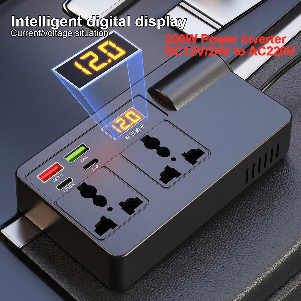 A black digital display power inverter shows 12.0 volts and features USB and Type-C ports.