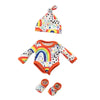 Adorable jumpsuit outfit for a baby doll featuring a colorful polka dot pattern.