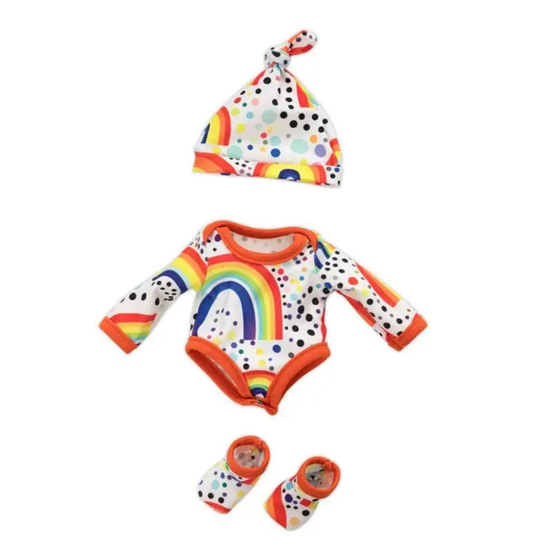Adorable jumpsuit outfit for a baby doll featuring a colorful polka dot pattern.