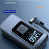 A portable wireless tire inflator device with a digital display showing 0.52 PSI, shown next to various tire types.
