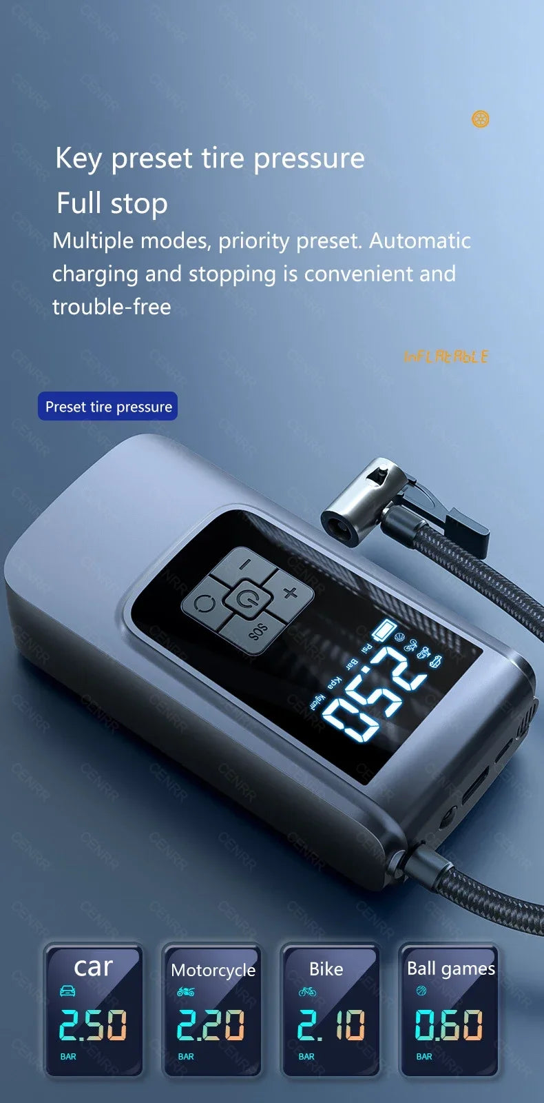 A portable wireless tire inflator device with a digital display showing 0.52 PSI, shown next to various tire types.