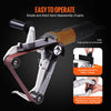 An angle grinder is shown with a specialized belt sander attachment and guide wheel for easy operation.