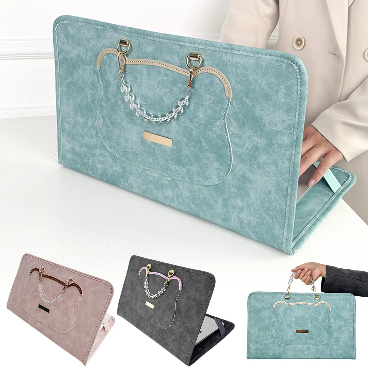 A teal laptop briefcase with a leather trim and silver chain detail is shown in various angles.