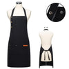 Black durable canvas kitchen apron displayed on a mannequin with a detail view of the strap.