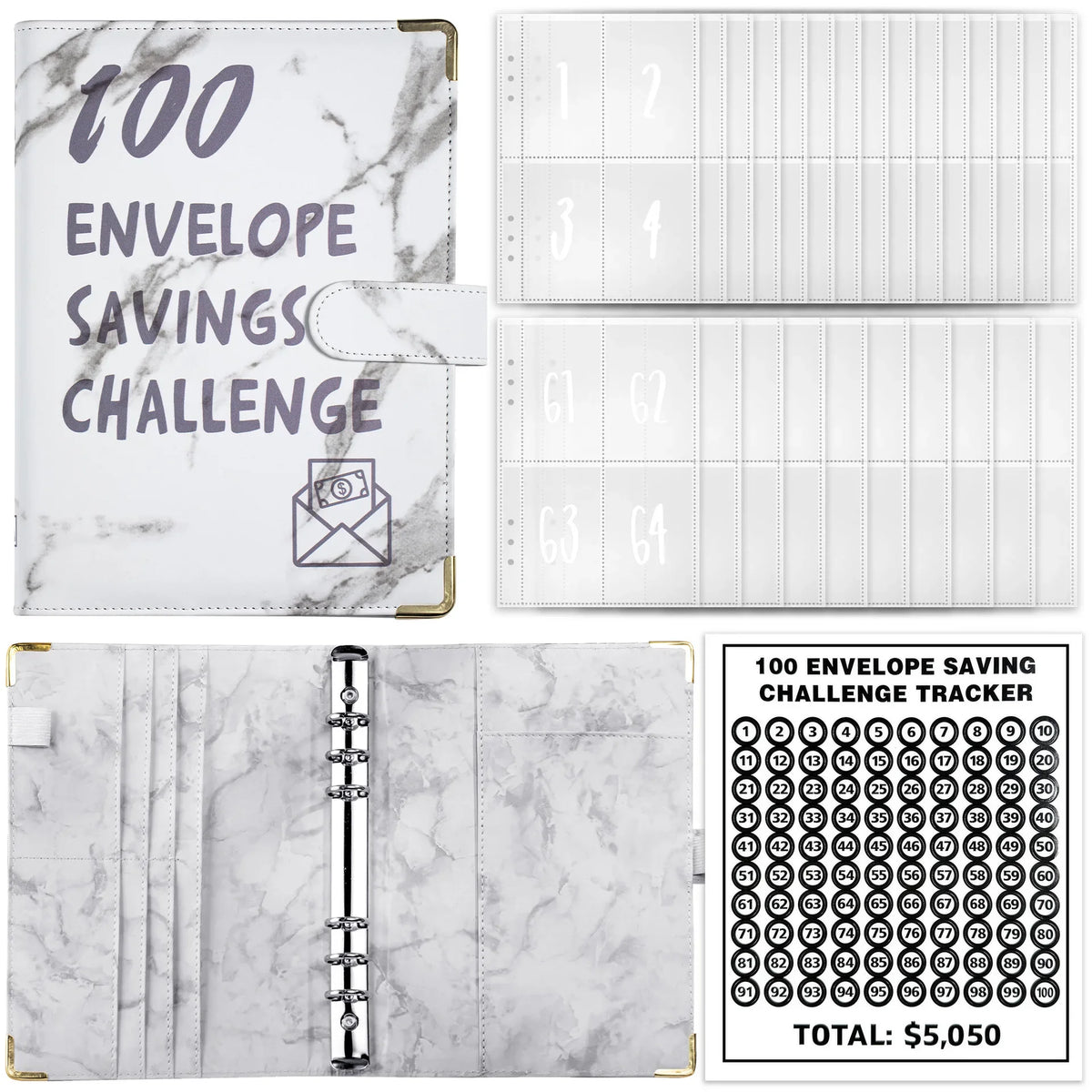 Marble A5 Savings Challenge Binder with 100 Cash Envelopes
