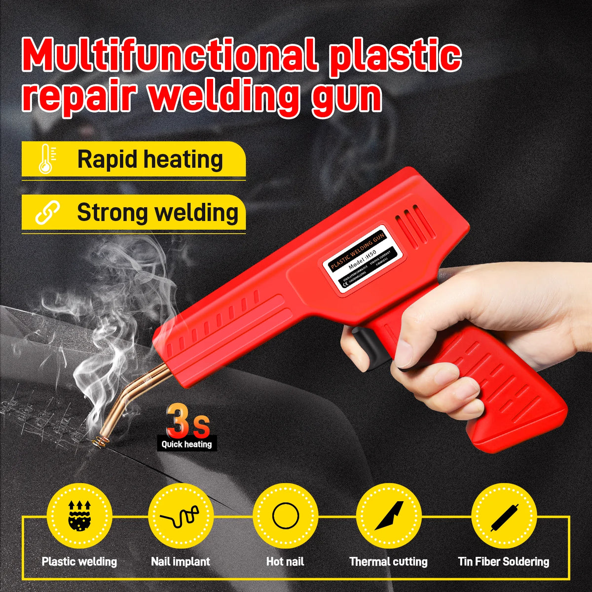 A red multifunctional plastic repair welding gun is shown heating a black surface for plastic welding.