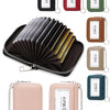 A set of RFID protected accordion wallets in various colors, including black, red, green, brown, and pink.