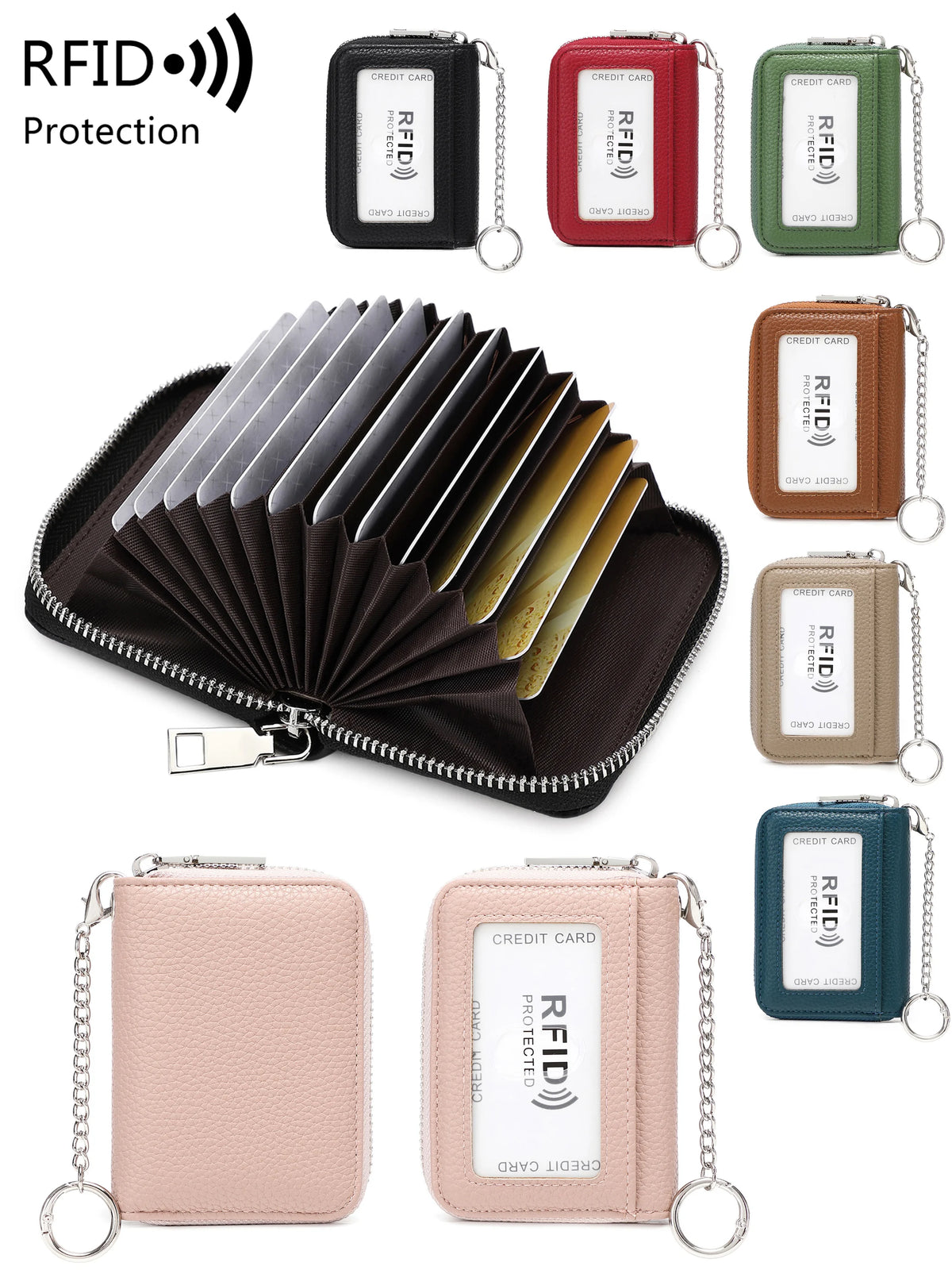 A set of RFID protected accordion wallets in various colors, including black, red, green, brown, and pink.