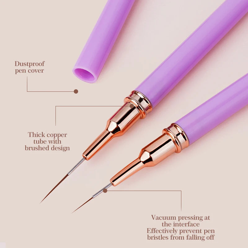 A set of purple nail art liner brushes featuring a dustproof cover and a thick copper tube with a brushed design.
