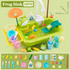 A green kids electric kitchen sink playset with running water, featuring various fruit and animal figures.