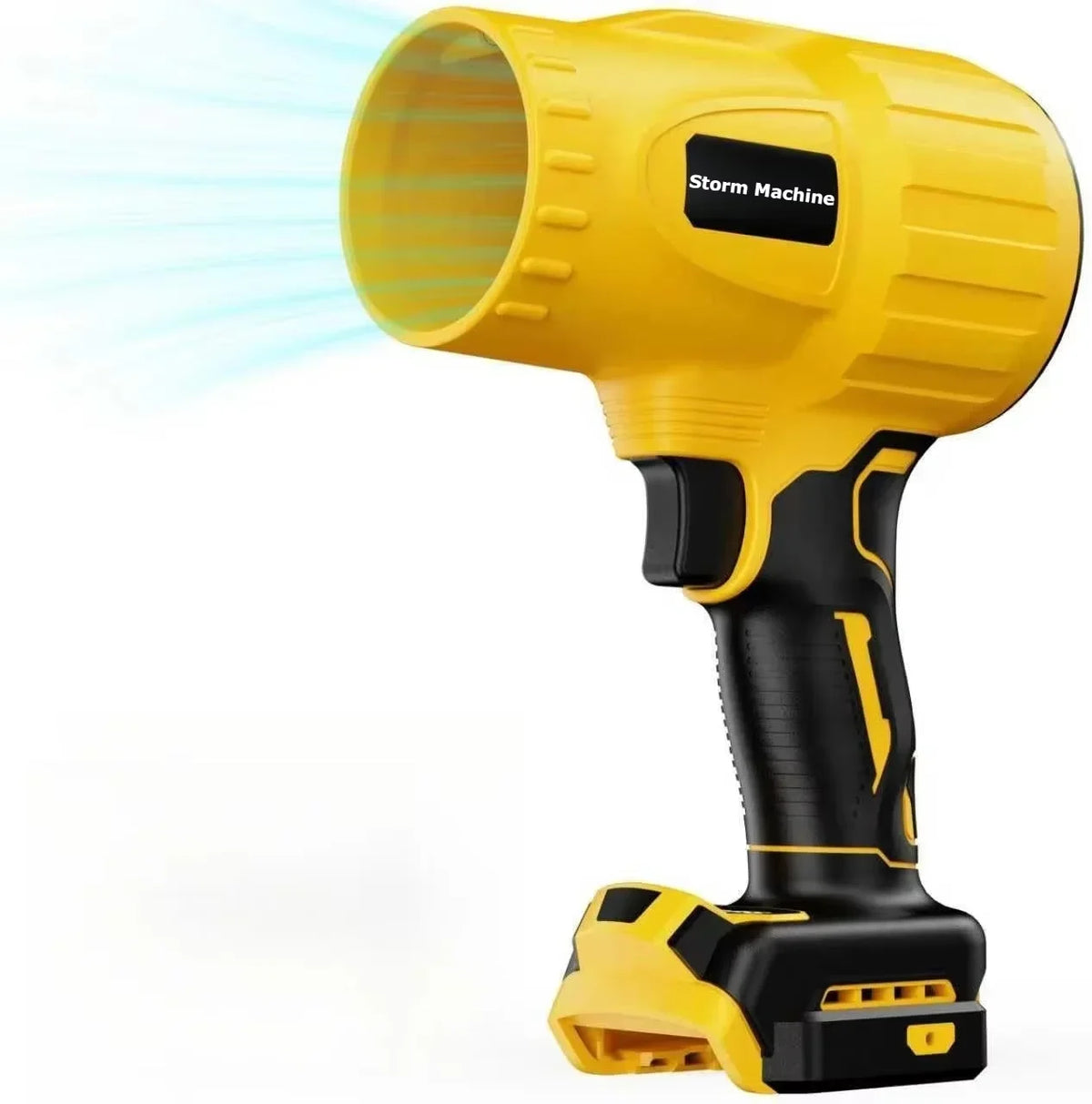 Yellow cordless handheld air blower with a wide nozzle and black grip.