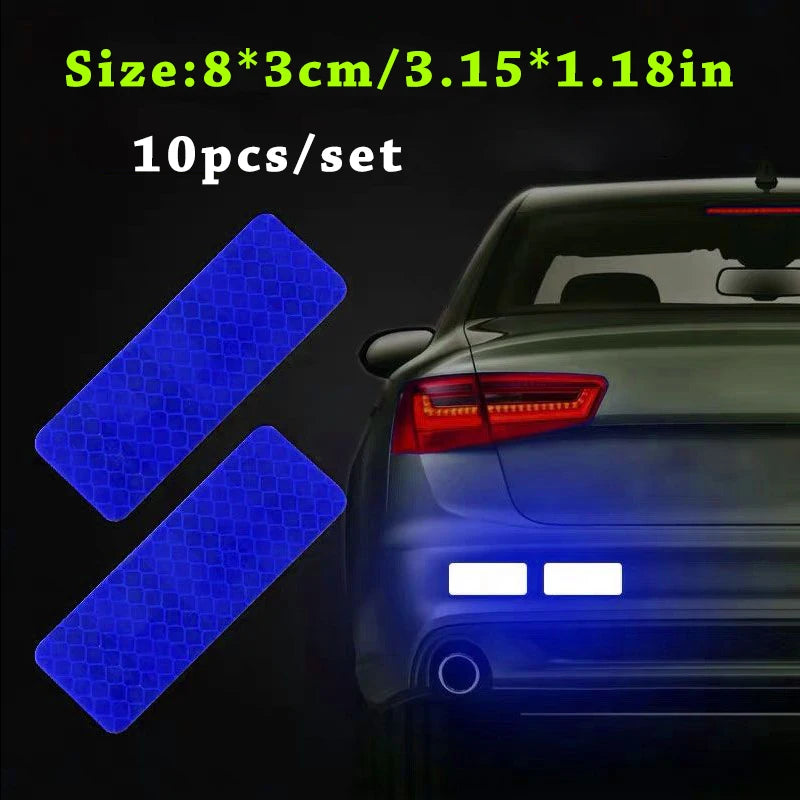 Ten reflective blue car safety strips for night and low-light visibility shown on a car body.