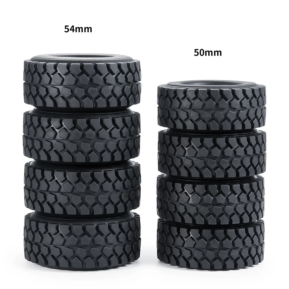 A set of black soft rubber tires for RC crawler cars, shown in stacked circular form.