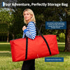 A woman holds a red storage bag outdoors, demonstrating its use for carrying outdoor game gear.