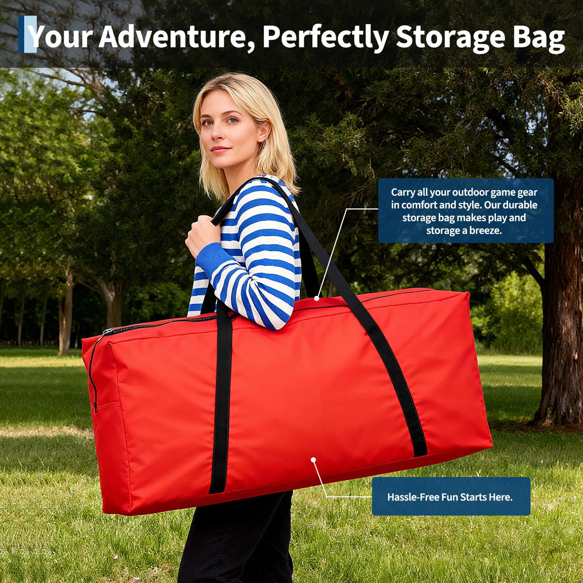 A woman holds a red storage bag outdoors, demonstrating its use for carrying outdoor game gear.