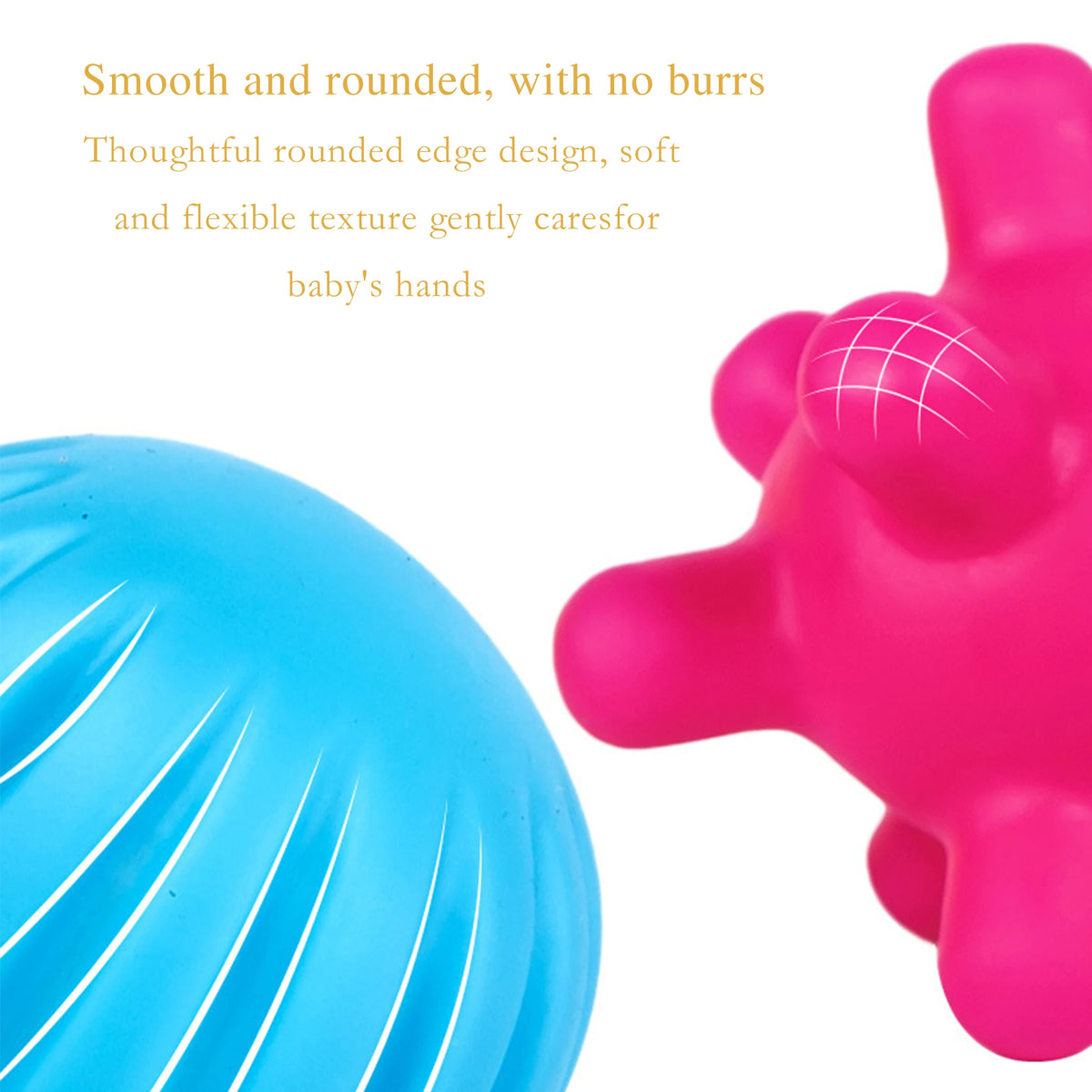 A close-up of a pink Montessori rainbow grasping ball with rounded edges and a textured surface.
