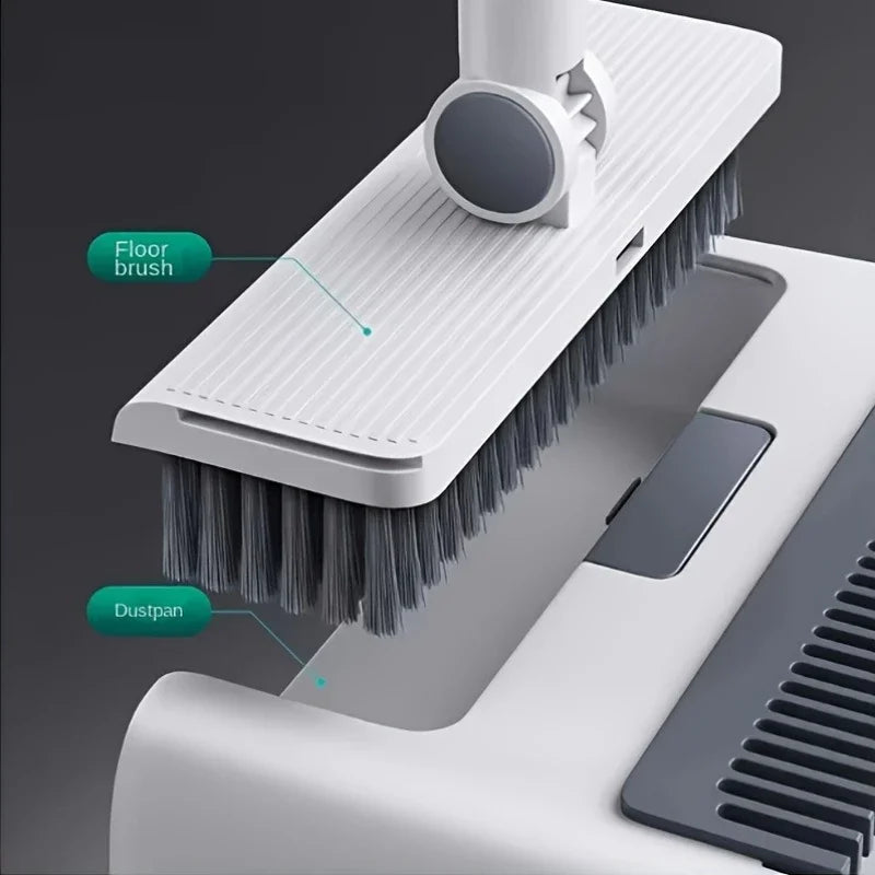A white 3-in-1 folding broom and dustpan set with an aluminum handle is shown on a surface.