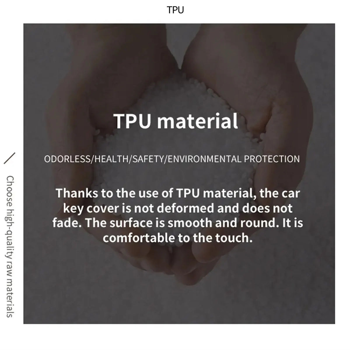 A hand holds a white TPU material, demonstrating the smooth and round surface of the car key cover.