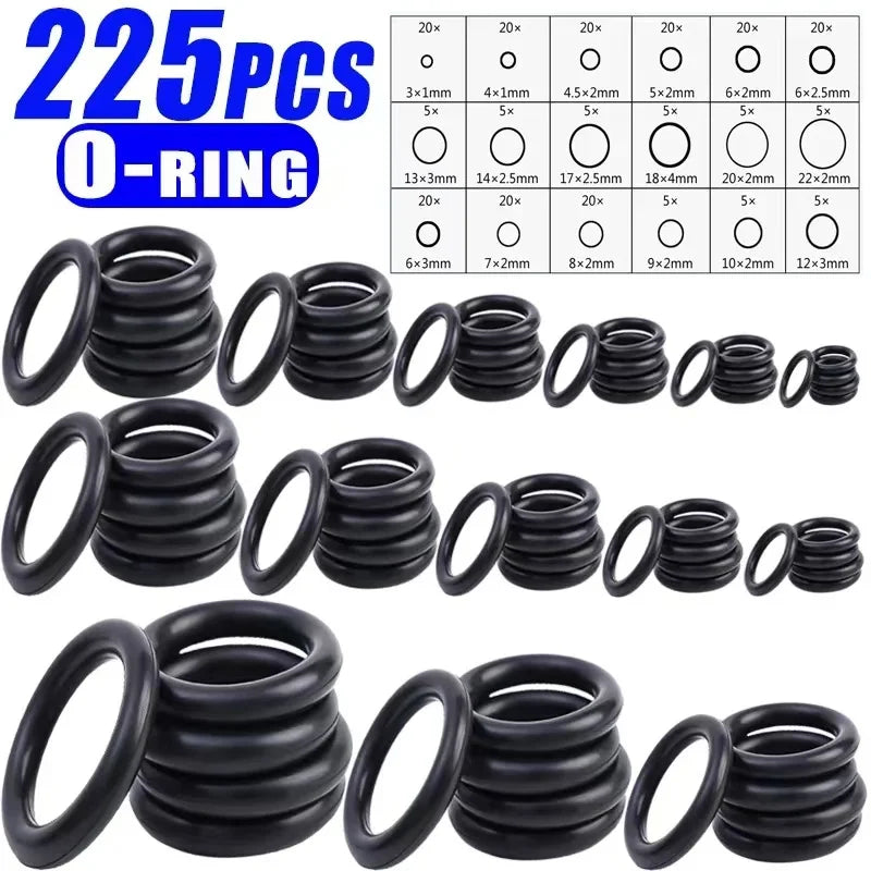 Assortment kit of black O-rings for automotive air conditioning gaskets, showing various sizes and quantities.