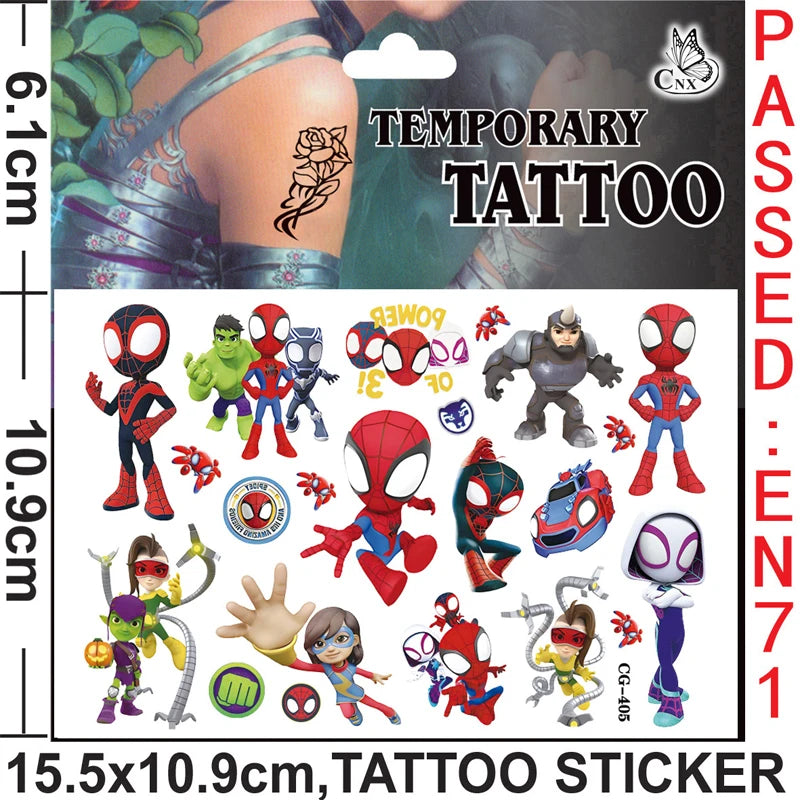 A collection of Spider-Man and related characters temporary tattoos on a sticker sheet.