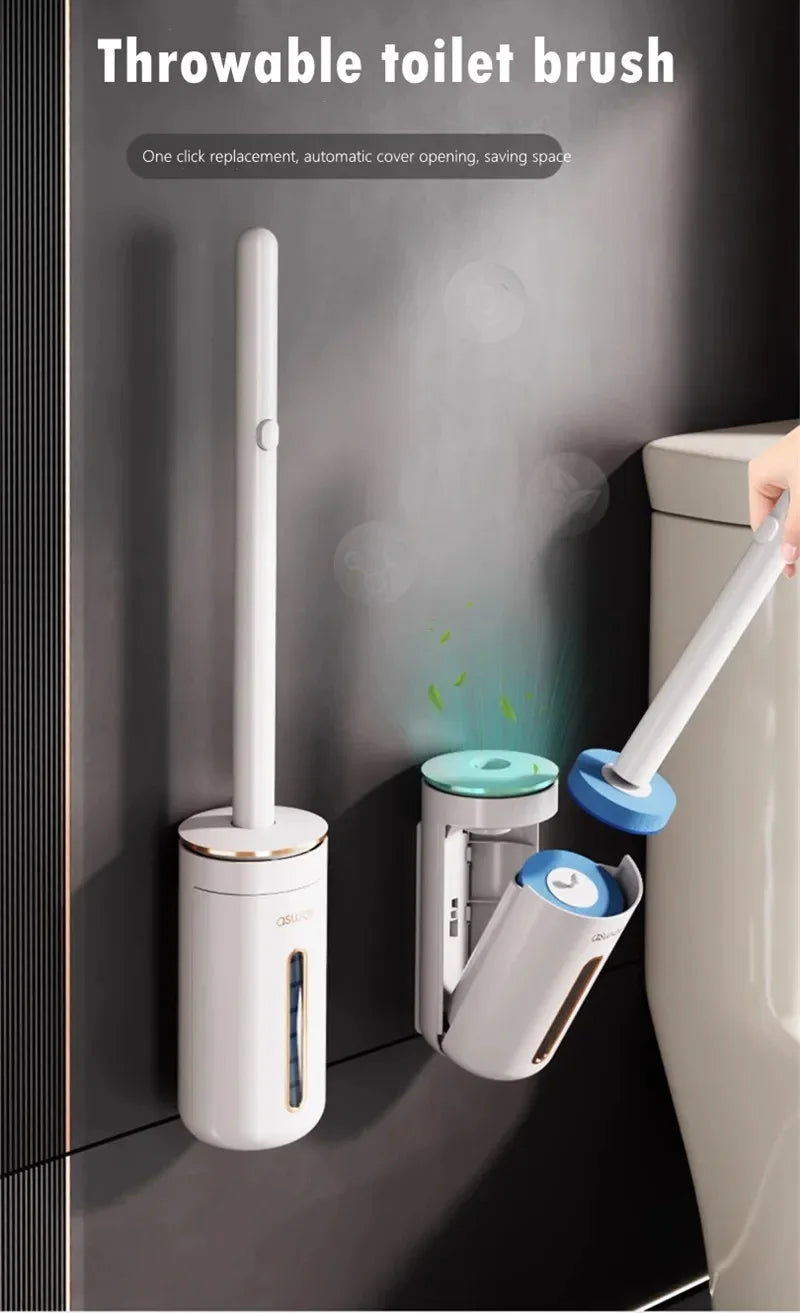 Wall-Mounted Disposable Toilet Brush Set with Refill Heads