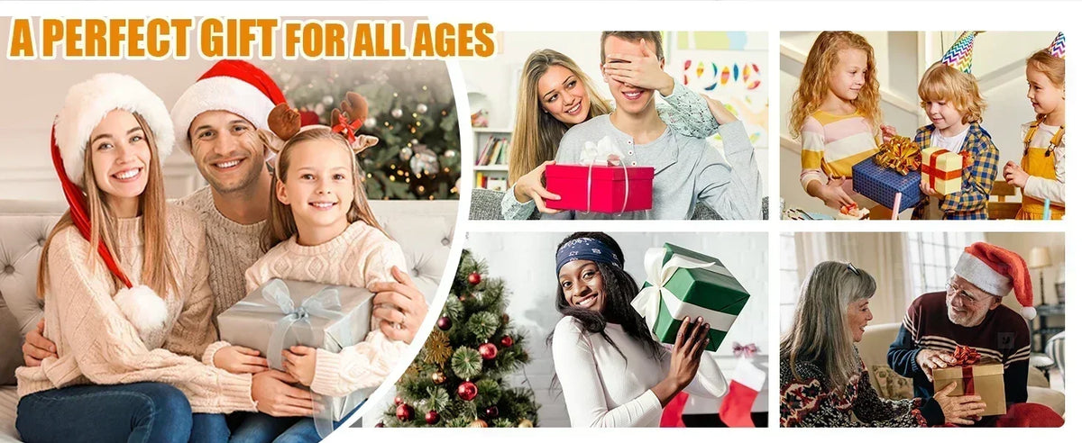 A collection of diverse families and individuals receiving or giving clear acrylic piggy banks as gifts.