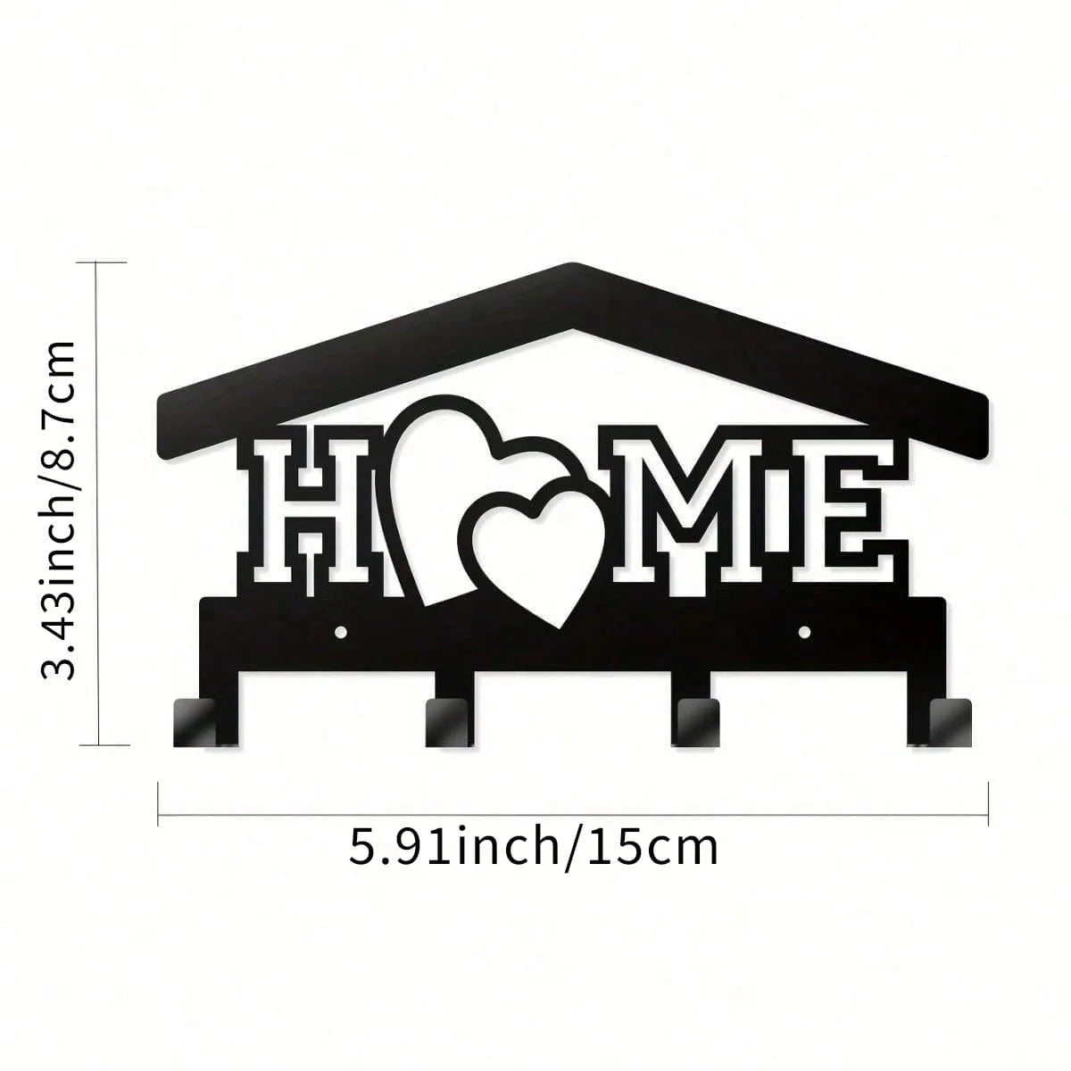 Black rustic iron wall hooks shaped like a house with a heart and the word HOME for organization