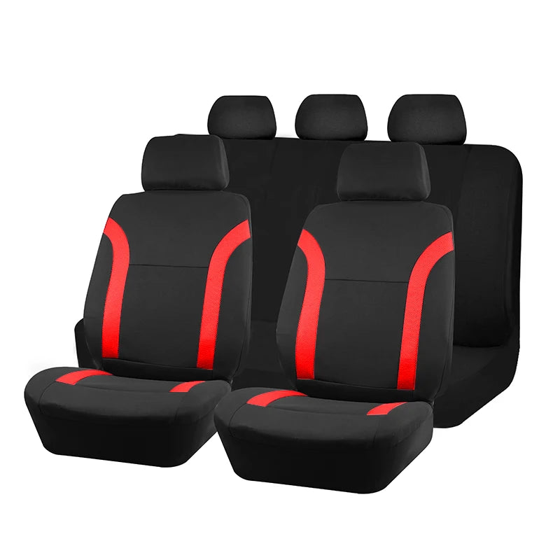 A set of black and red two-tone car seat covers shown in a row.