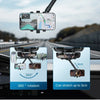 A universal rearview mirror phone mount with a rotatable arm showing a smartphone display and a 360 degree rotation feature.