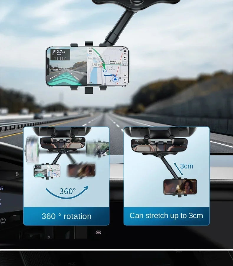 A universal rearview mirror phone mount with a rotatable arm showing a smartphone display and a 360 degree rotation feature.