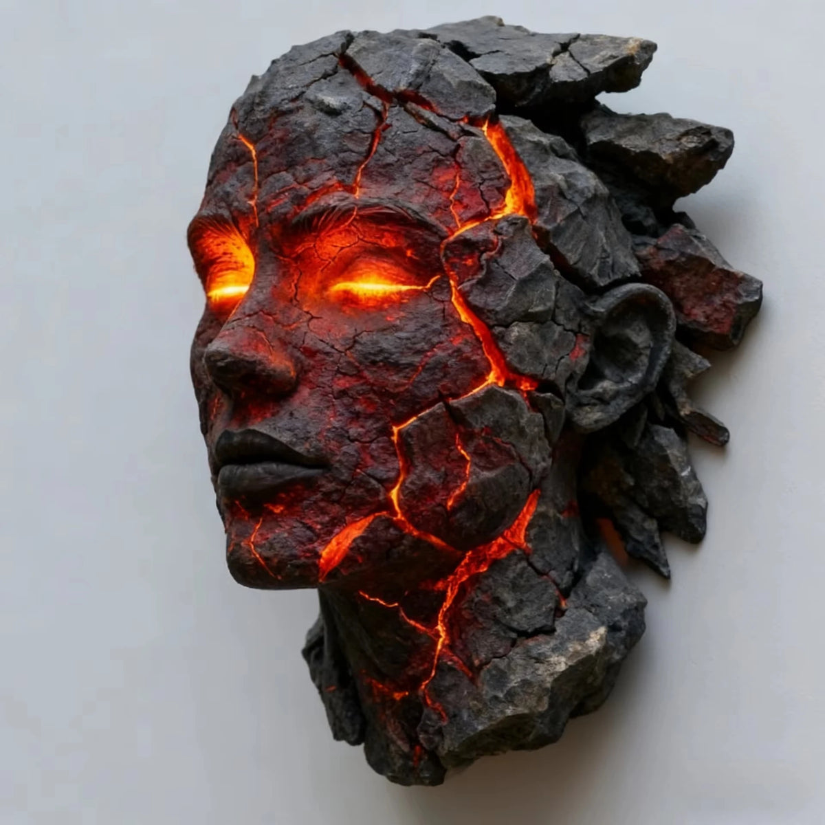 A dark, cracked stone sculpture of a face glowing with intense orange light.