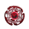 A clear plastic spinning top with a red and black design inside.
