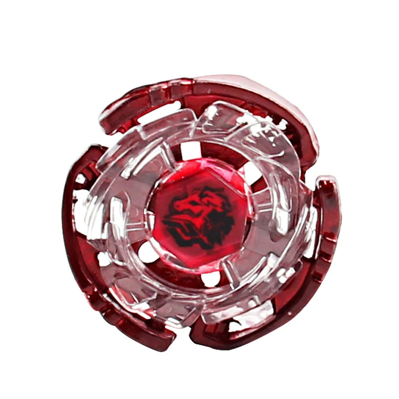 A clear plastic spinning top with a red and black design inside.