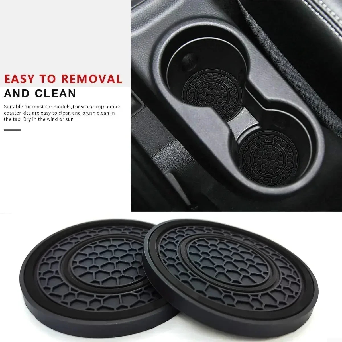 A set of two black non-slip silicone car cup holder coasters shown next to a close-up of the product being used in a car cup 