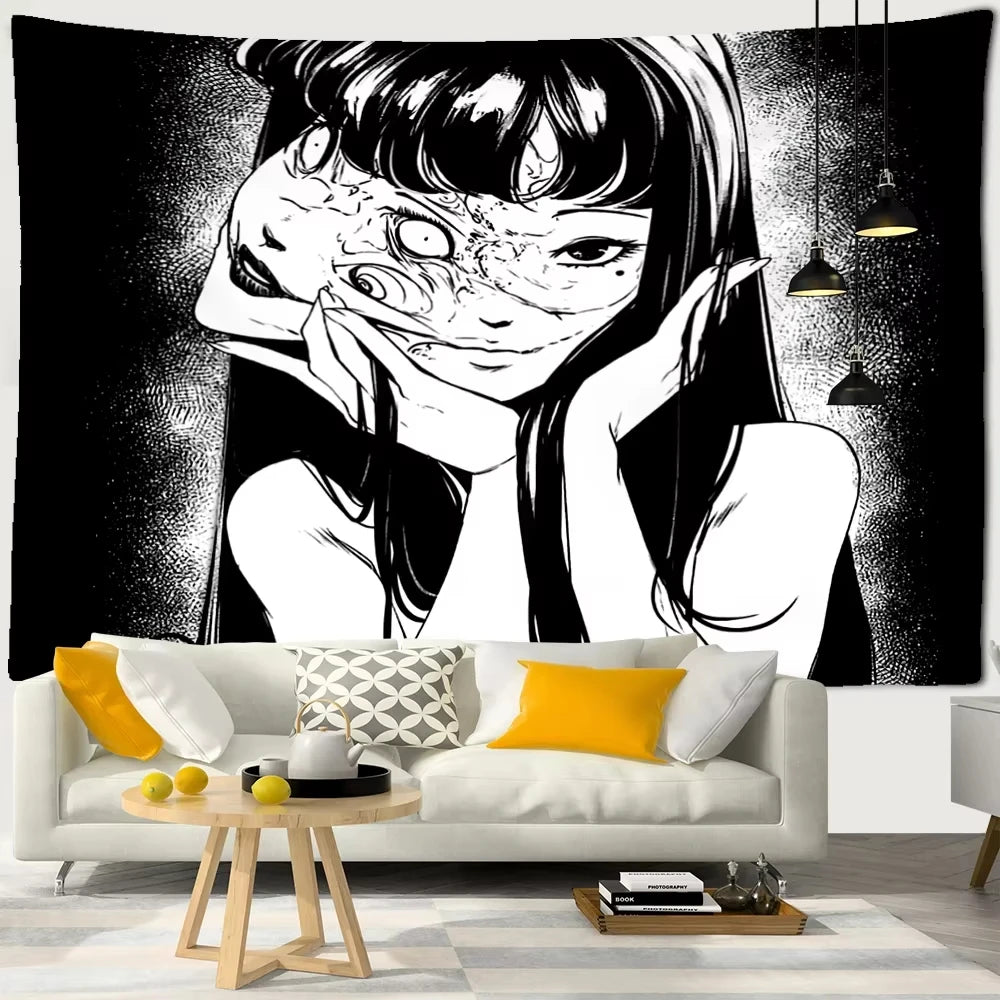 A black and white illustration of a woman with dark hair and unsettling features, displayed as a gothic wall hanging.
