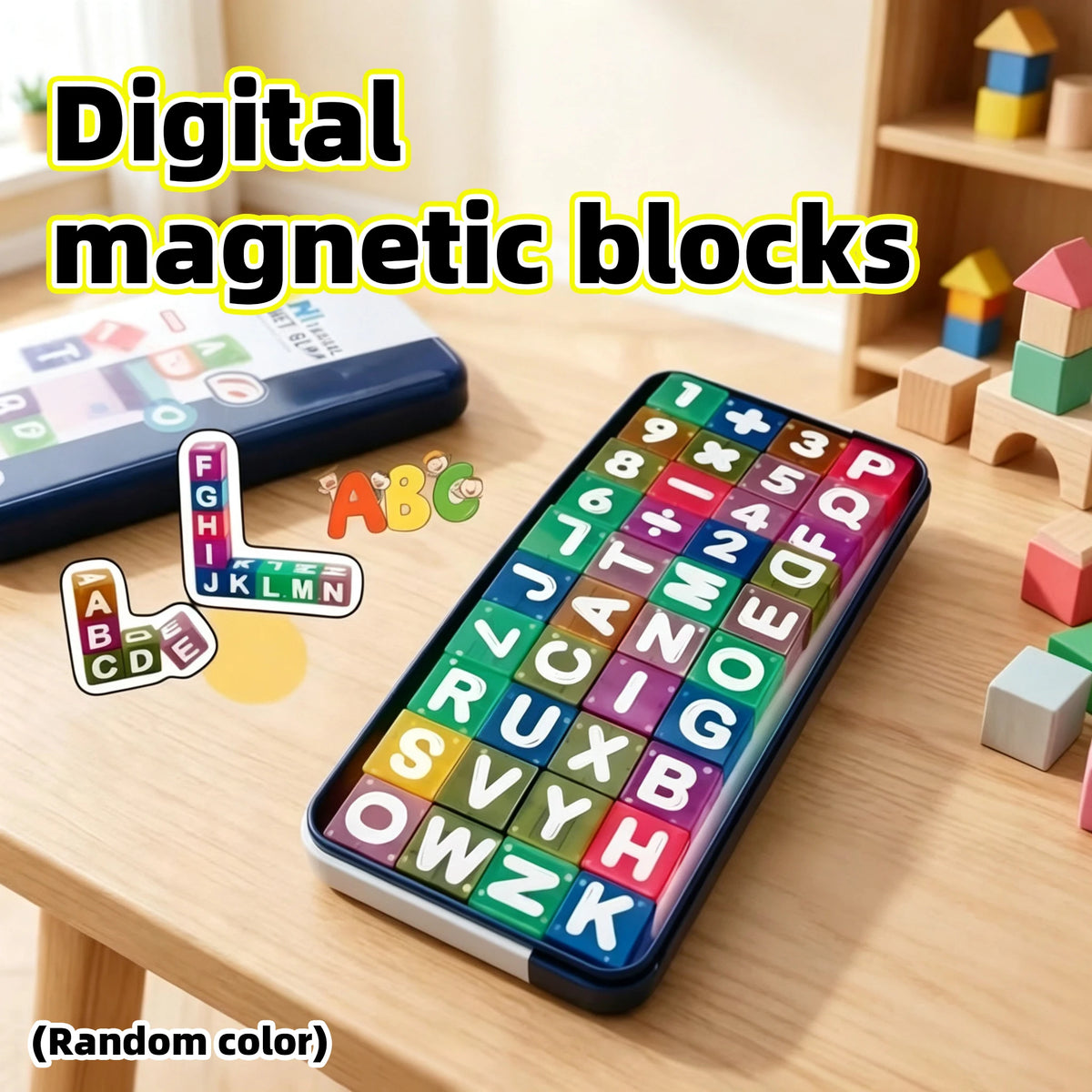 A colorful set of digital magnetic blocks featuring letters and numbers stored in a blue box on a wooden table.