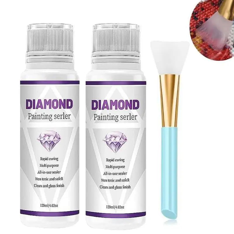 A bottle of Diamond Painting sealer with a white cap and a gold applicator brush.