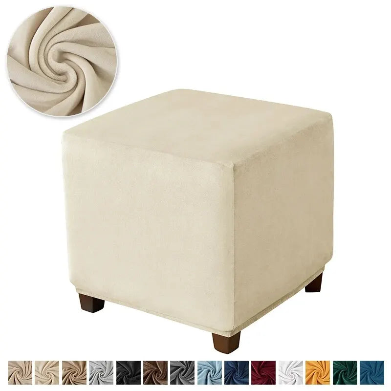 A beige stretch velvet ottoman cover with a decorative swirl pattern shown next to the product.