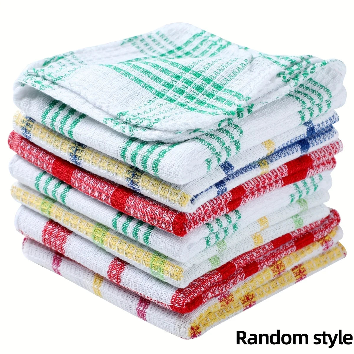 A stack of plaid kitchen towels in various green, red, and white patterns.