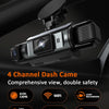 A black 4-channel dash cam is shown mounted on a vehicle, highlighting features like WiFi, loop recording, and G sensor.