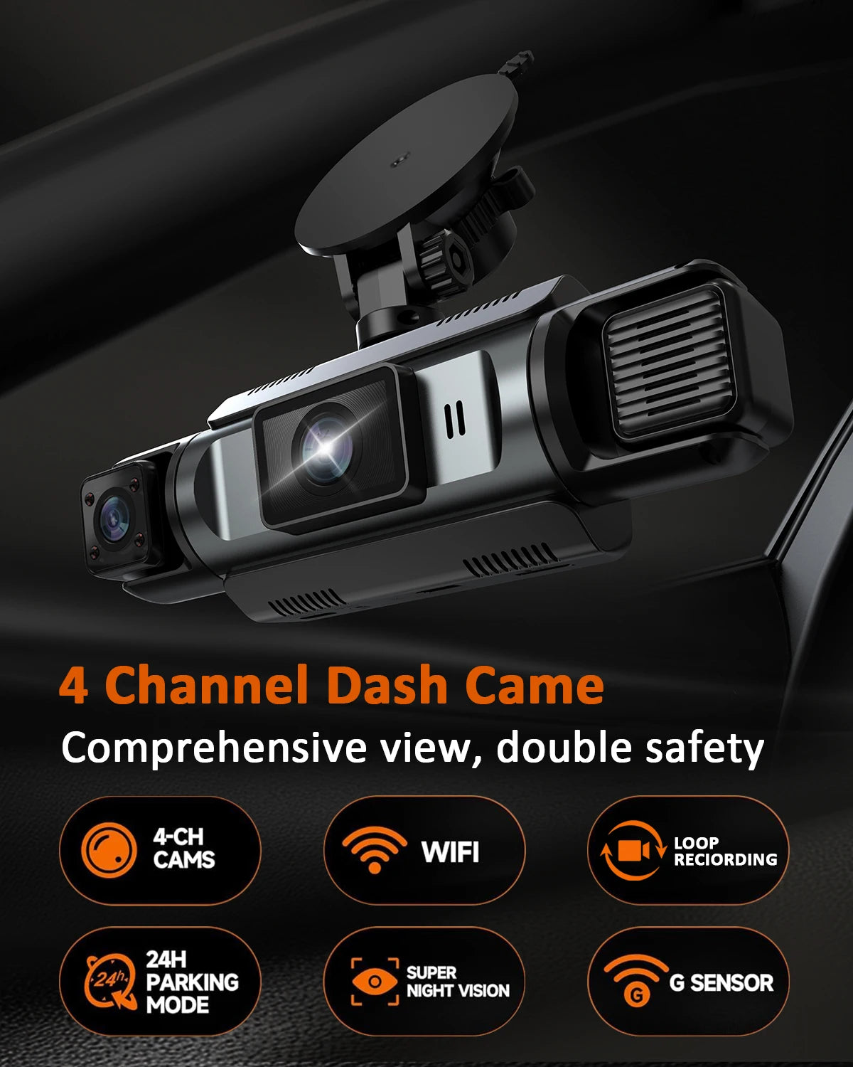 A black 4-channel dash cam is shown mounted on a vehicle, highlighting features like WiFi, loop recording, and G sensor.