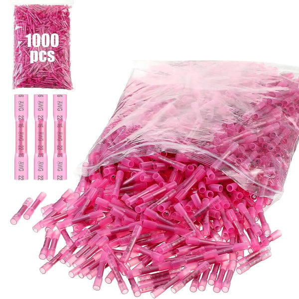 A pile of pink heat shrink wire connectors, packaged in a clear plastic bag.