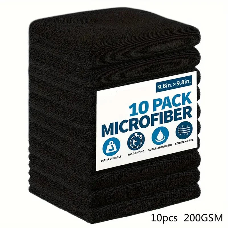 A stack of ten black microfiber cleaning cloths labeled as 10 pack 200GSM.
